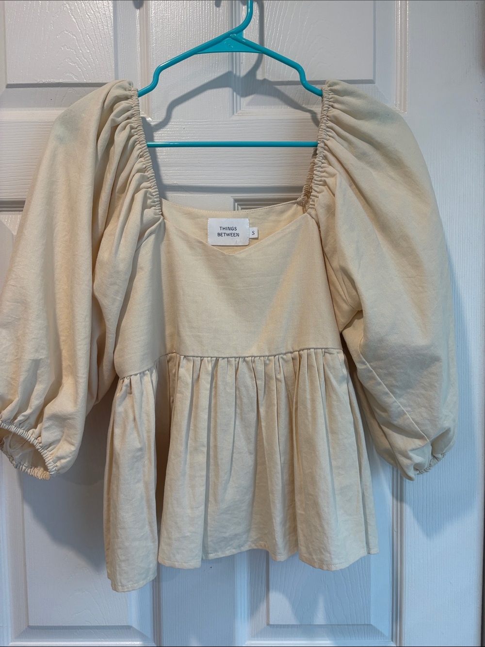 Things Between Pale Yellow Puff-Sleeve Peplum Blouse